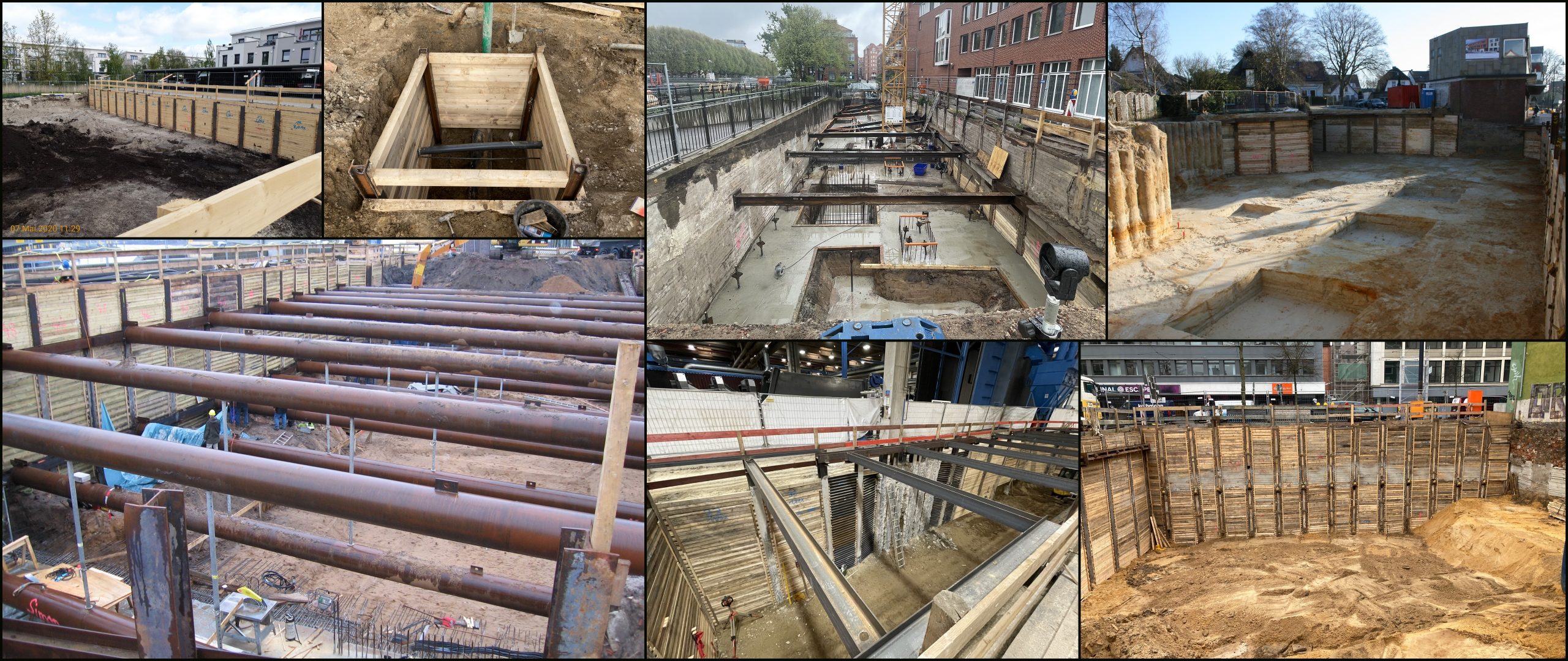 Baugrubenverbau mit einer geankerten Trägerbohlwand Spundwand zur Sicherung einer Baugrube Bohrpfahlwand als Baugrubenverbau Ausgesteifte Baugrube mit Spezialtiefbauverbau